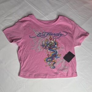 Ed Hardy Pink Tee with Multicolor Dragon Graphic